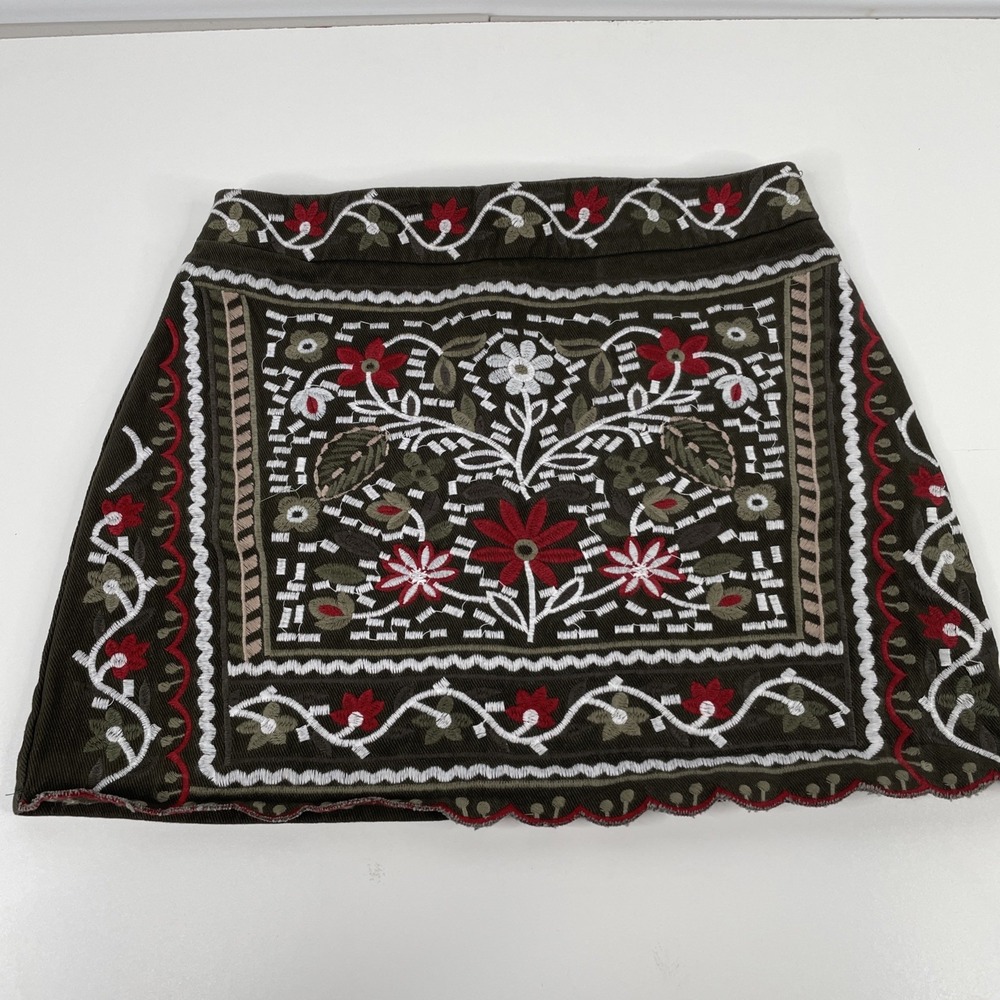 Mi Ami Corduroy Skirt Embroidered Mini Boho M‎ Olive  Festival Floral Folkcore